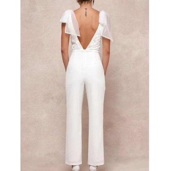 LULU'S XL White Dignified Beauty Mesh Embroidered Tie-Strap Jumpsuit NEW B137